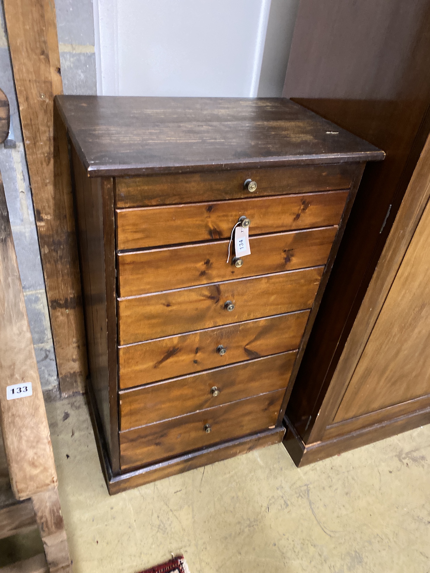 A late Victorian pine collectors seven drawer chest, width 62cm, depth 42cm, height 104cm